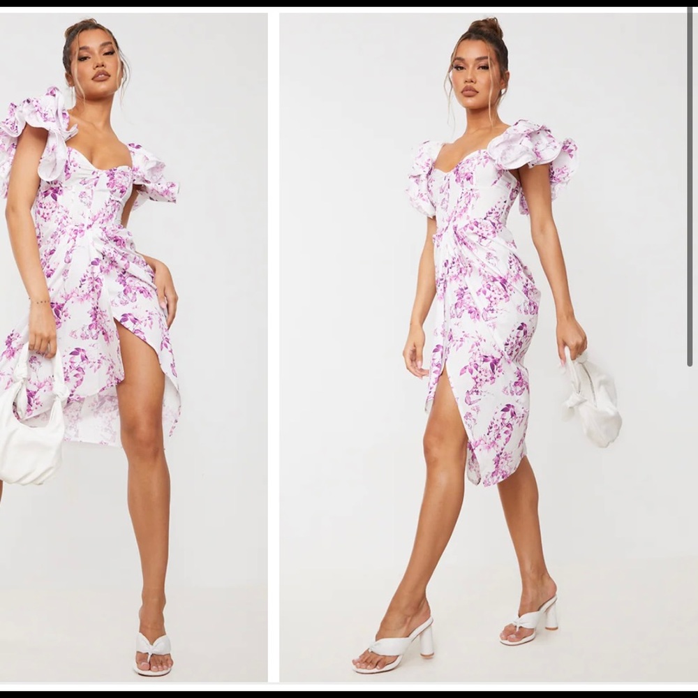 PrettyLittleThing purple floral lace up back dress
